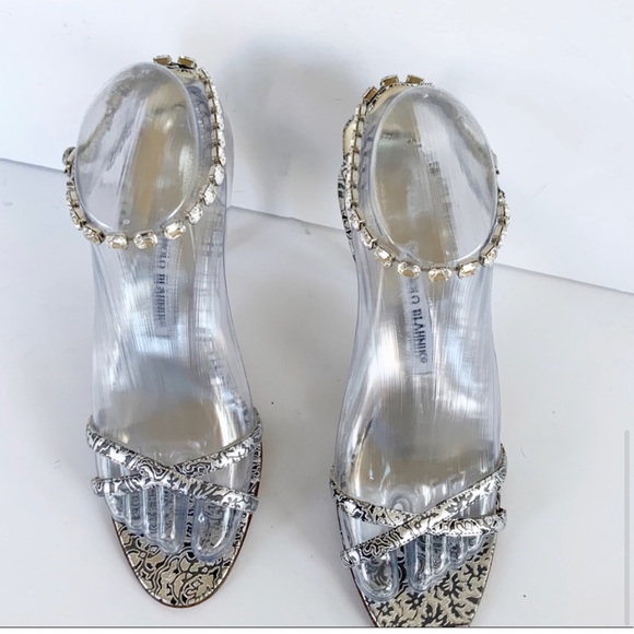 Manolo Blahnik slingback sandals, embossed crystal ankle strap, 7.5 US / 37.5 EU - Picture 10 of 16